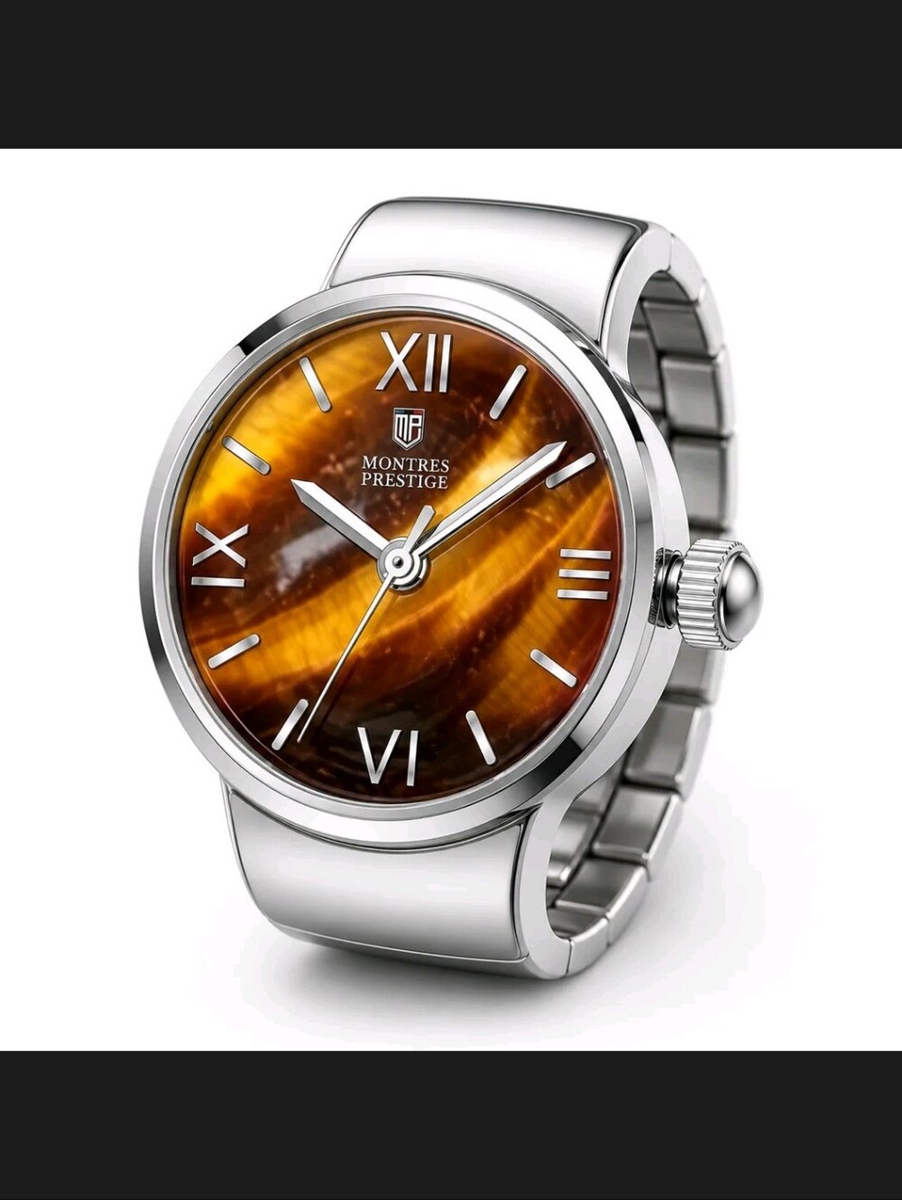 Montres Prestige Womens Ring Watch Brown Wood Dial Stretchable